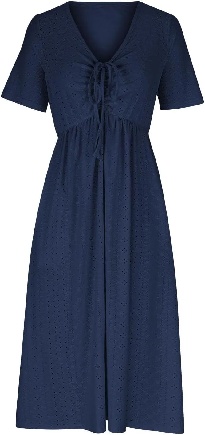 Womens Boho Midi Dress Short Sleeve Lace Up V Neck Eyelet Dresses Summer Beach Casual Cover Up Sundress with Pockets