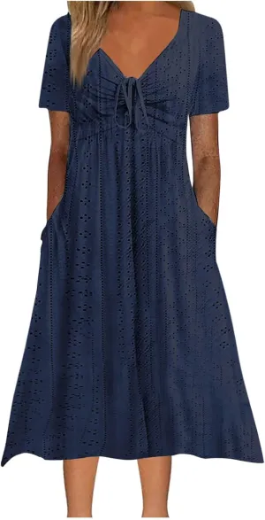 Womens Boho Midi Dress Short Sleeve Lace Up V Neck Eyelet Dresses Summer Beach Casual Cover Up Sundress with Pockets