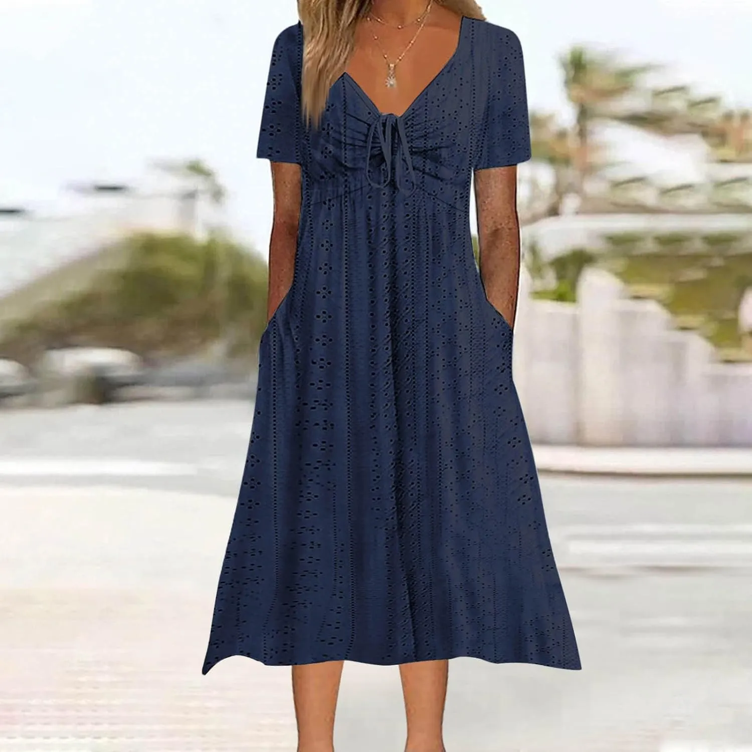 Womens Boho Midi Dress Short Sleeve Lace Up V Neck Eyelet Dresses Summer Beach Casual Cover Up Sundress with Pockets
