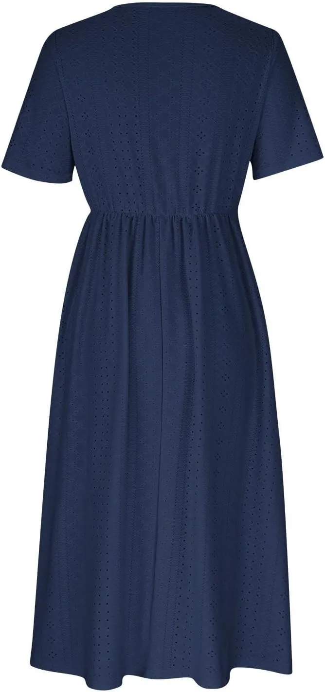 Womens Boho Midi Dress Short Sleeve Lace Up V Neck Eyelet Dresses Summer Beach Casual Cover Up Sundress with Pockets