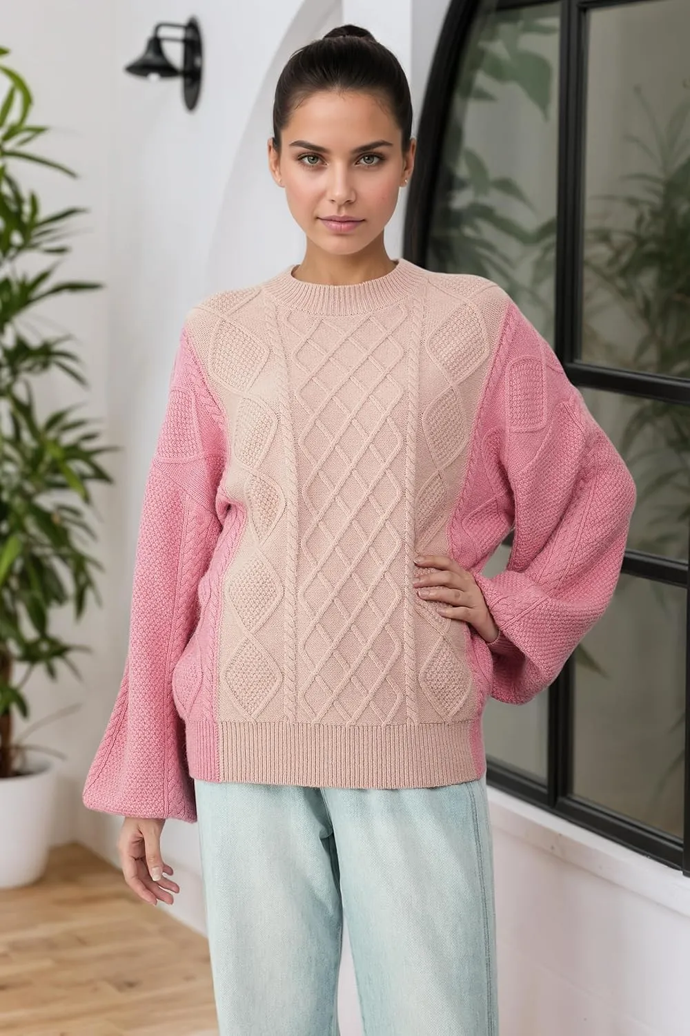 Women's Cable Knit Sweater Oversized Chunky Pullover - Soft Acrylic-Alpaca Blend Winter Crewneck (Pink/Green/2 More)