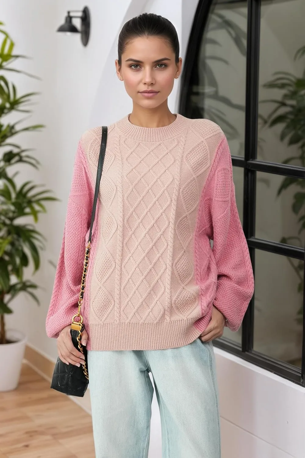 Women's Cable Knit Sweater Oversized Chunky Pullover - Soft Acrylic-Alpaca Blend Winter Crewneck (Pink/Green/2 More)