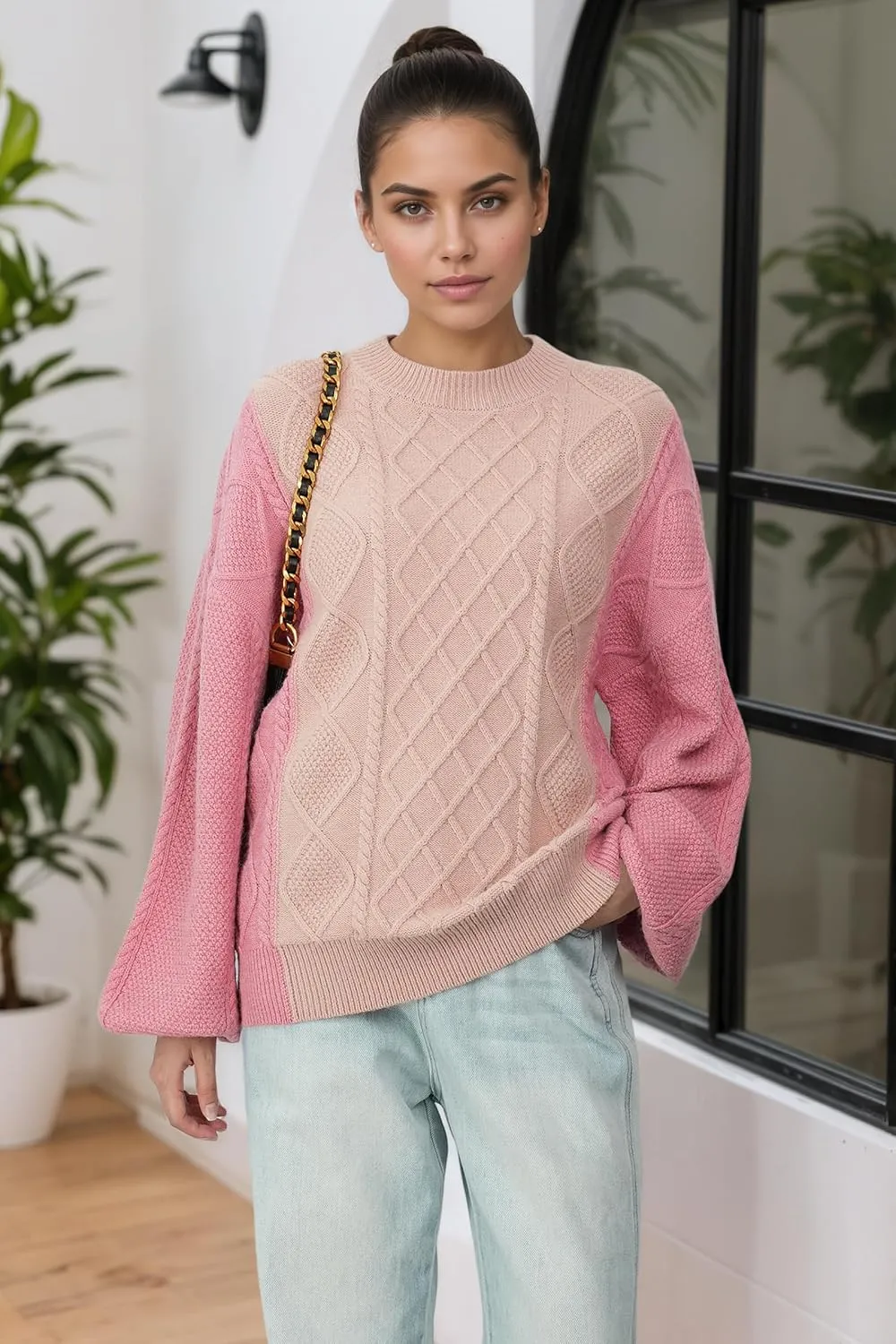 Women's Cable Knit Sweater Oversized Chunky Pullover - Soft Acrylic-Alpaca Blend Winter Crewneck (Pink/Green/2 More)