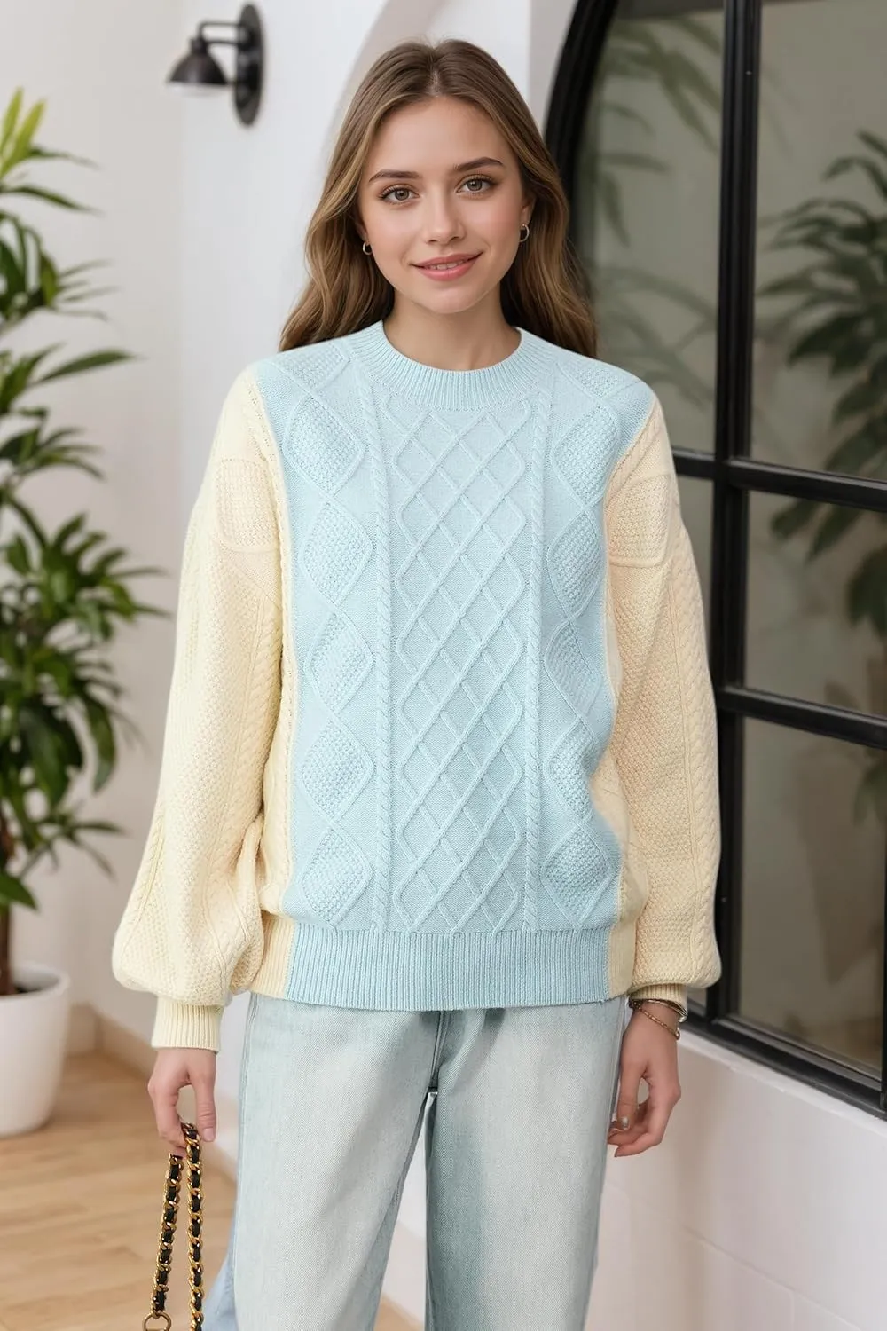 Women's Cable Knit Sweater Oversized Chunky Pullover - Soft Acrylic-Alpaca Blend Winter Crewneck (Pink/Green/2 More)