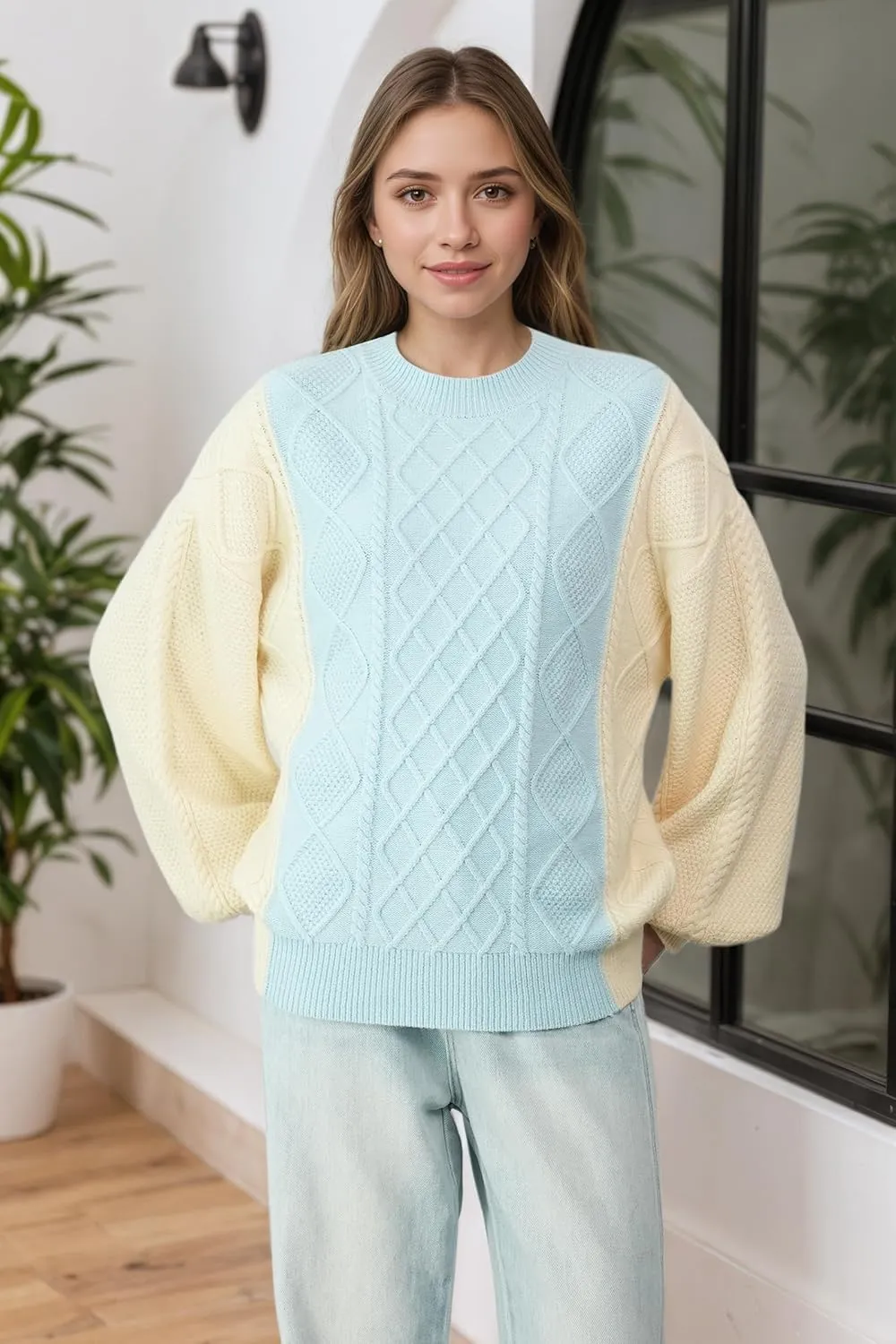 Women's Cable Knit Sweater Oversized Chunky Pullover - Soft Acrylic-Alpaca Blend Winter Crewneck (Pink/Green/2 More)