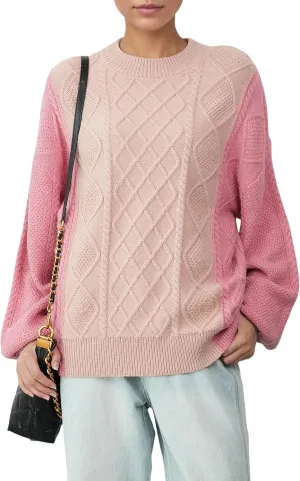Women's Cable Knit Sweater Oversized Chunky Pullover - Soft Acrylic-Alpaca Blend Winter Crewneck (Pink/Green/2 More)