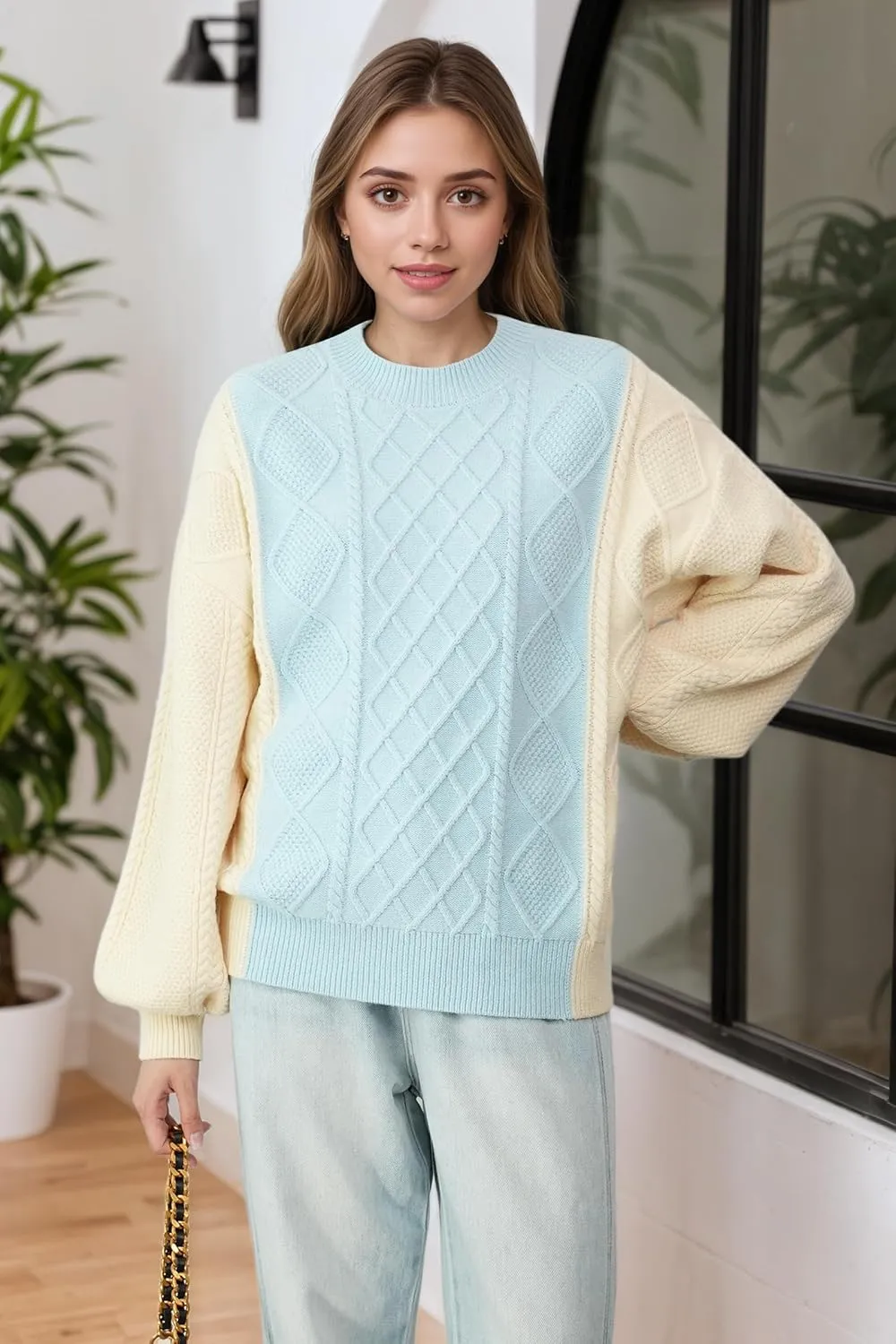 Women's Cable Knit Sweater Oversized Chunky Pullover - Soft Acrylic-Alpaca Blend Winter Crewneck (Pink/Green/2 More)