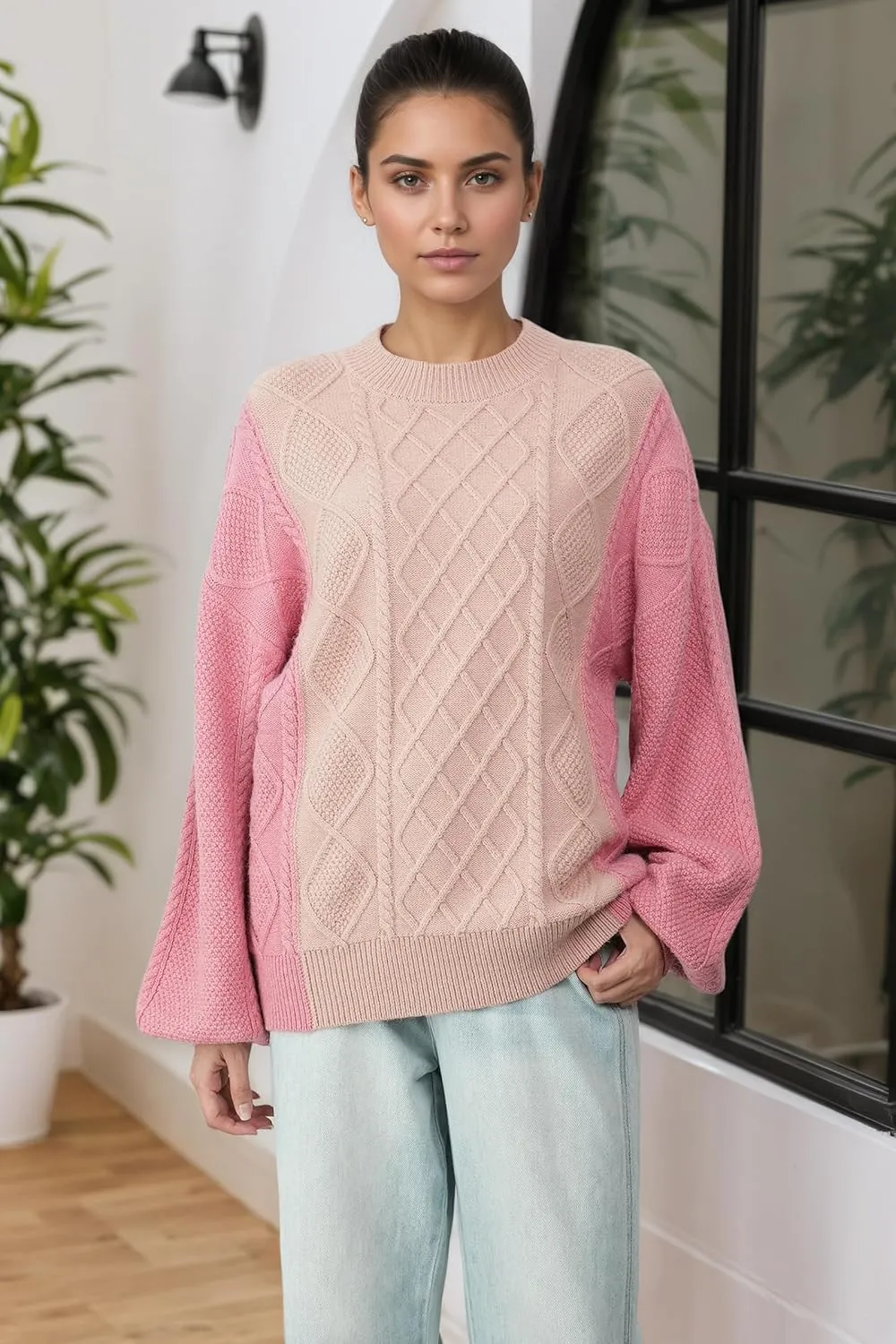 Women's Cable Knit Sweater Oversized Chunky Pullover - Soft Acrylic-Alpaca Blend Winter Crewneck (Pink/Green/2 More)