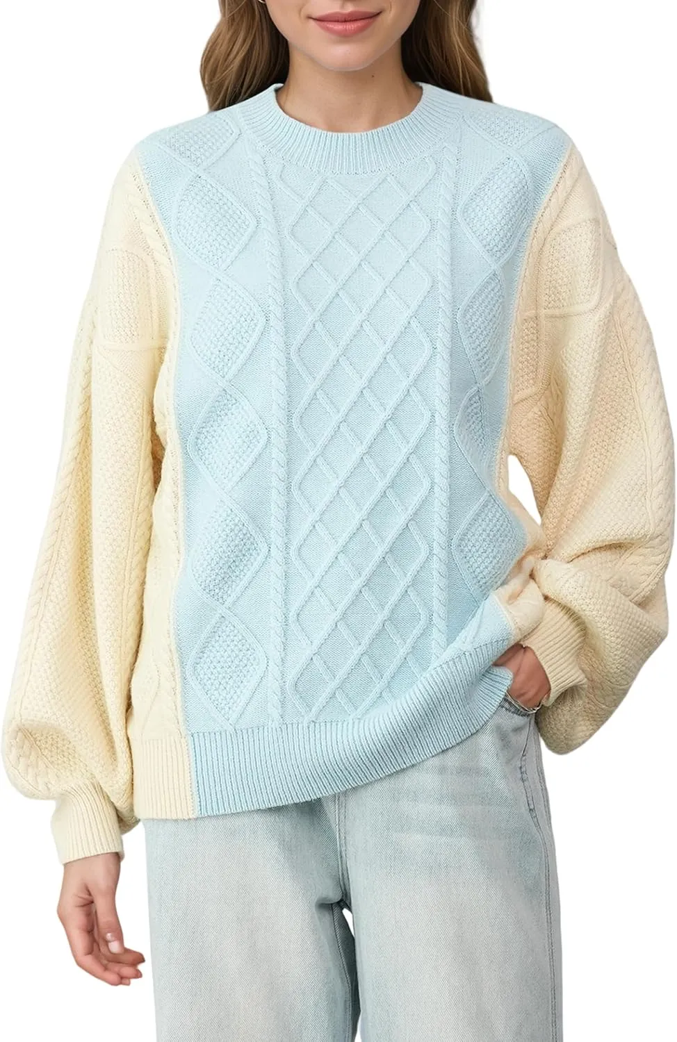 Women's Cable Knit Sweater Oversized Chunky Pullover - Soft Acrylic-Alpaca Blend Winter Crewneck (Pink/Green/2 More)