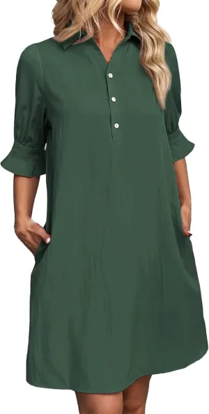 Womens Casual Shirt Dress Ruffle Sleeve Button Down Shirt Dress Summer Loose Mini Dresses for Women Solid Color