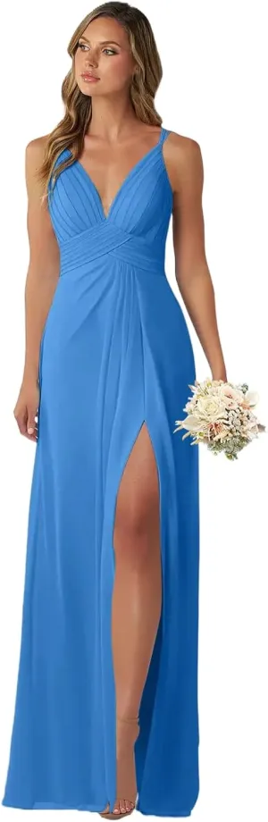 Women's Chiffon Bridesmaid Dresses for Wedding Split Pleated Lace Formal Evening Celebrity Gowns with Back Button