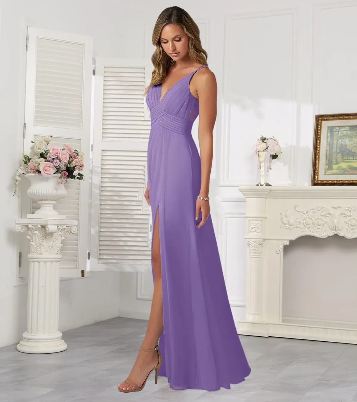 Women's Chiffon Bridesmaid Dresses for Wedding Split Pleated Lace Formal Evening Celebrity Gowns with Back Button