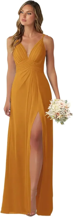 Women's Chiffon Bridesmaid Dresses for Wedding Split Pleated Lace Formal Evening Celebrity Gowns with Back Button