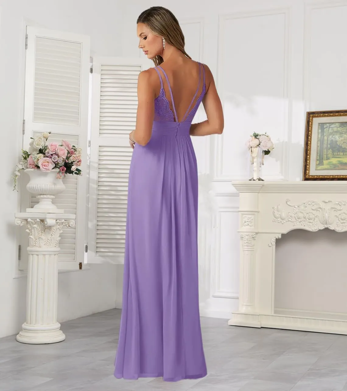 Women's Chiffon Bridesmaid Dresses for Wedding Split Pleated Lace Formal Evening Celebrity Gowns with Back Button