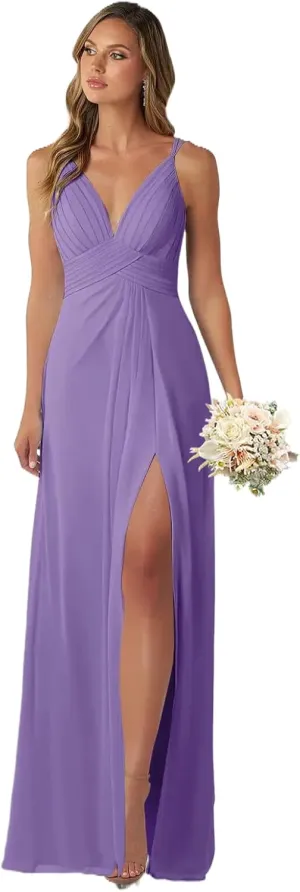Women's Chiffon Bridesmaid Dresses for Wedding Split Pleated Lace Formal Evening Celebrity Gowns with Back Button