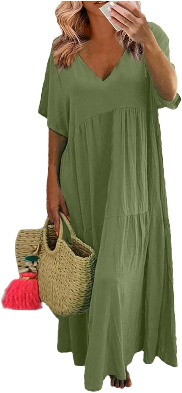 Women's Cruise Outfits 2025 Casual Trendy Loose Short Sleeve V-Neck Solid Color Flowy Maxi Dress Plus Size, S-5XL