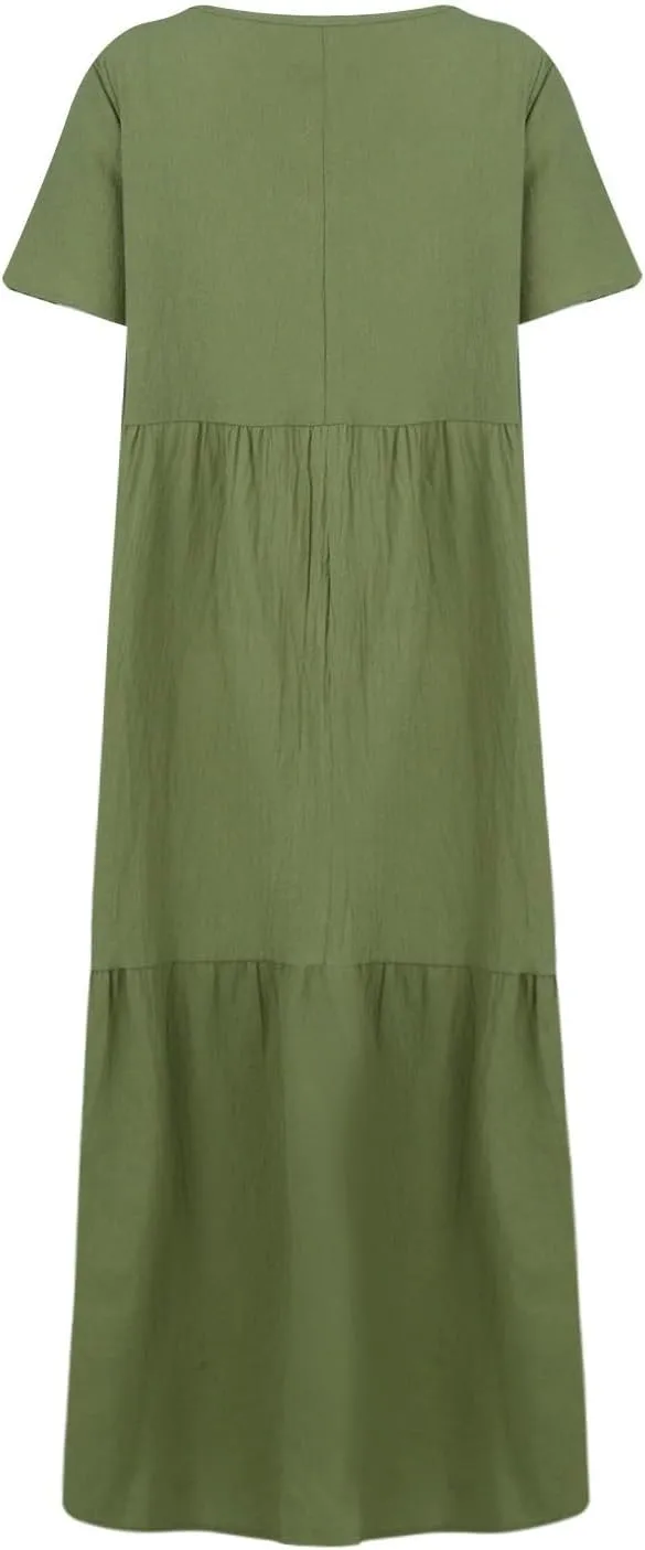 Women's Cruise Outfits 2025 Casual Trendy Loose Short Sleeve V-Neck Solid Color Flowy Maxi Dress Plus Size, S-5XL