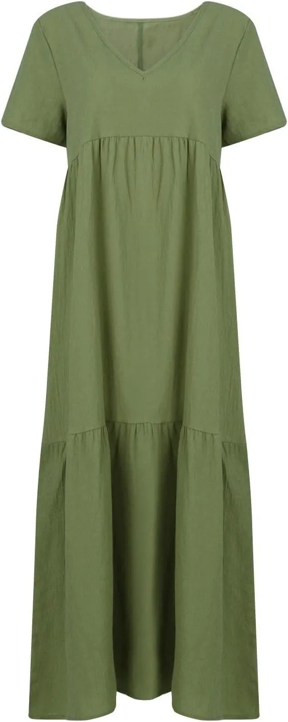 Women's Cruise Outfits 2025 Casual Trendy Loose Short Sleeve V-Neck Solid Color Flowy Maxi Dress Plus Size, S-5XL