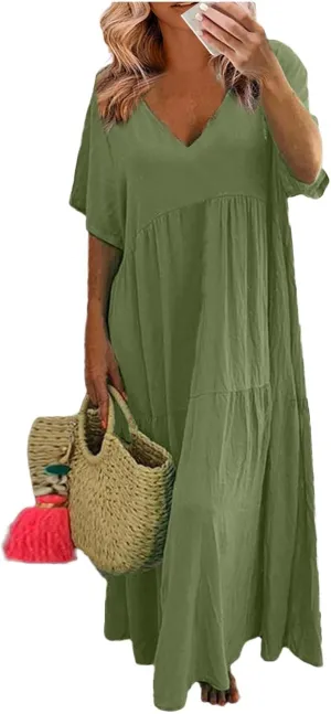 Women's Cruise Outfits 2025 Casual Trendy Loose Short Sleeve V-Neck Solid Color Flowy Maxi Dress Plus Size, S-5XL