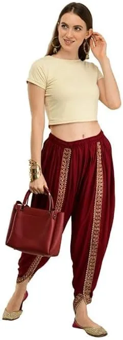 Women's Dhoti Harem Pants with Embroidered Detail, Black, Free Size 28-36 Waist