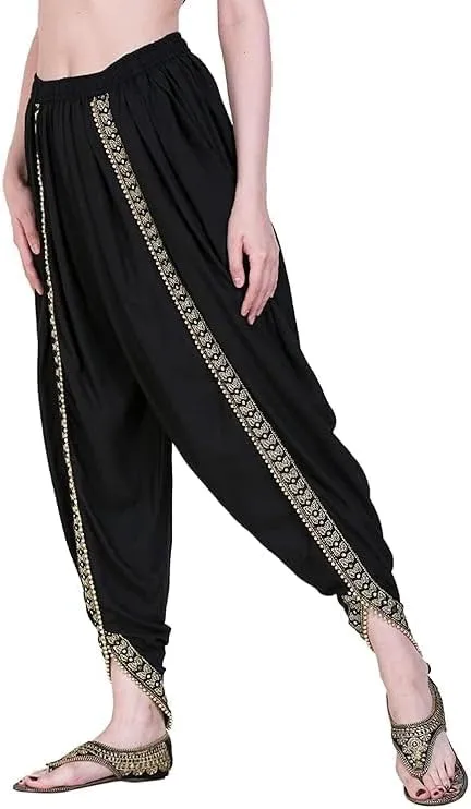 Women's Dhoti Harem Pants with Embroidered Detail, Black, Free Size 28-36 Waist