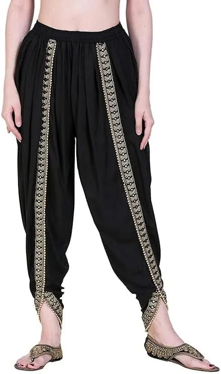 Women's Dhoti Harem Pants with Embroidered Detail, Black, Free Size 28-36 Waist