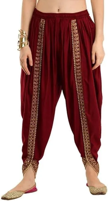Women's Dhoti Harem Pants with Embroidered Detail, Black, Free Size 28-36 Waist