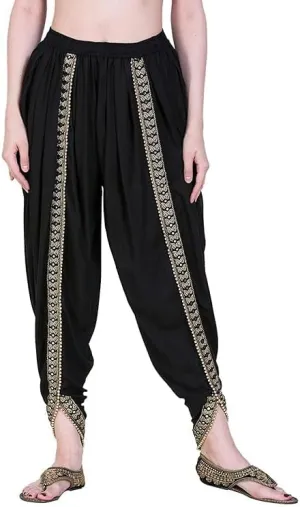 Women's Dhoti Harem Pants with Embroidered Detail, Black, Free Size 28-36 Waist