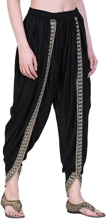 Women's Dhoti Harem Pants with Embroidered Detail, Black, Free Size 28-36 Waist