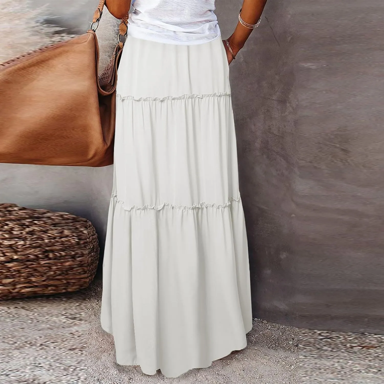 Women's Elastic High Waist Pleated Flared Classic Vacation A-Line Floor Length Skirts, S-2XL