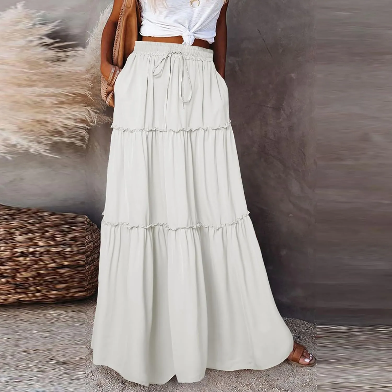 Women's Elastic High Waist Pleated Flared Classic Vacation A-Line Floor Length Skirts, S-2XL