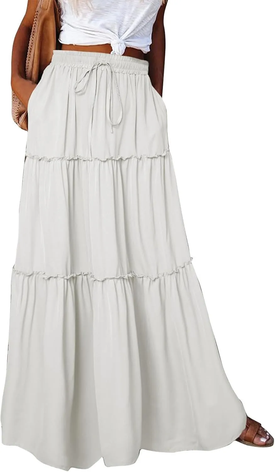 Women's Elastic High Waist Pleated Flared Classic Vacation A-Line Floor Length Skirts, S-2XL