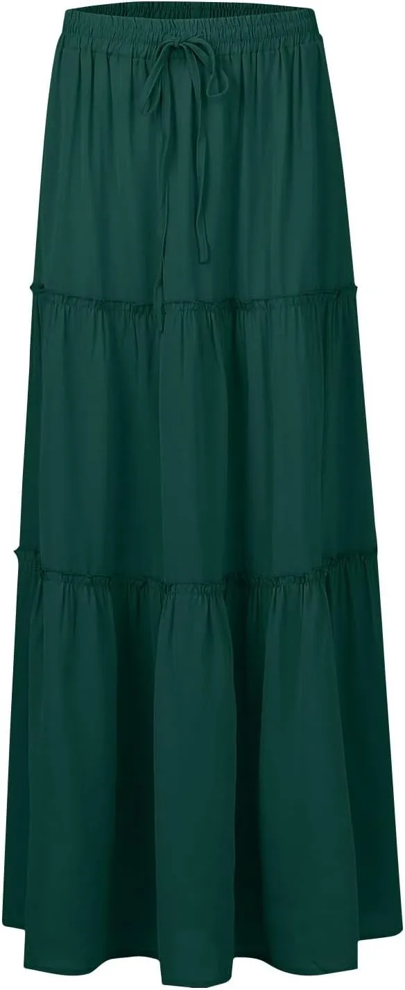 Women's Elastic High Waist Pleated Flared Classic Vacation A-Line Floor Length Skirts, S-2XL
