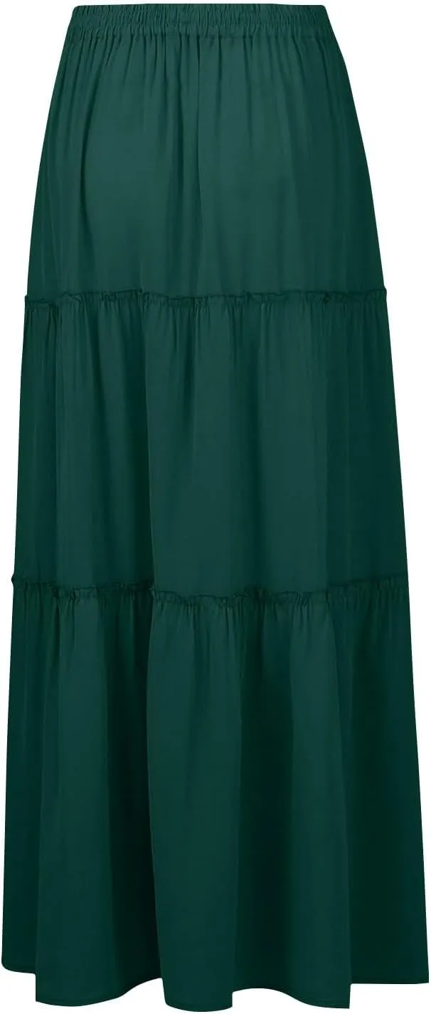 Women's Elastic High Waist Pleated Flared Classic Vacation A-Line Floor Length Skirts, S-2XL