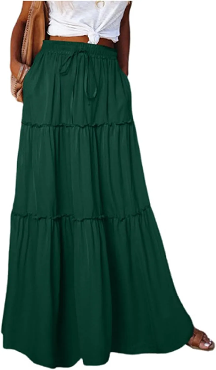 Women's Elastic High Waist Pleated Flared Classic Vacation A-Line Floor Length Skirts, S-2XL