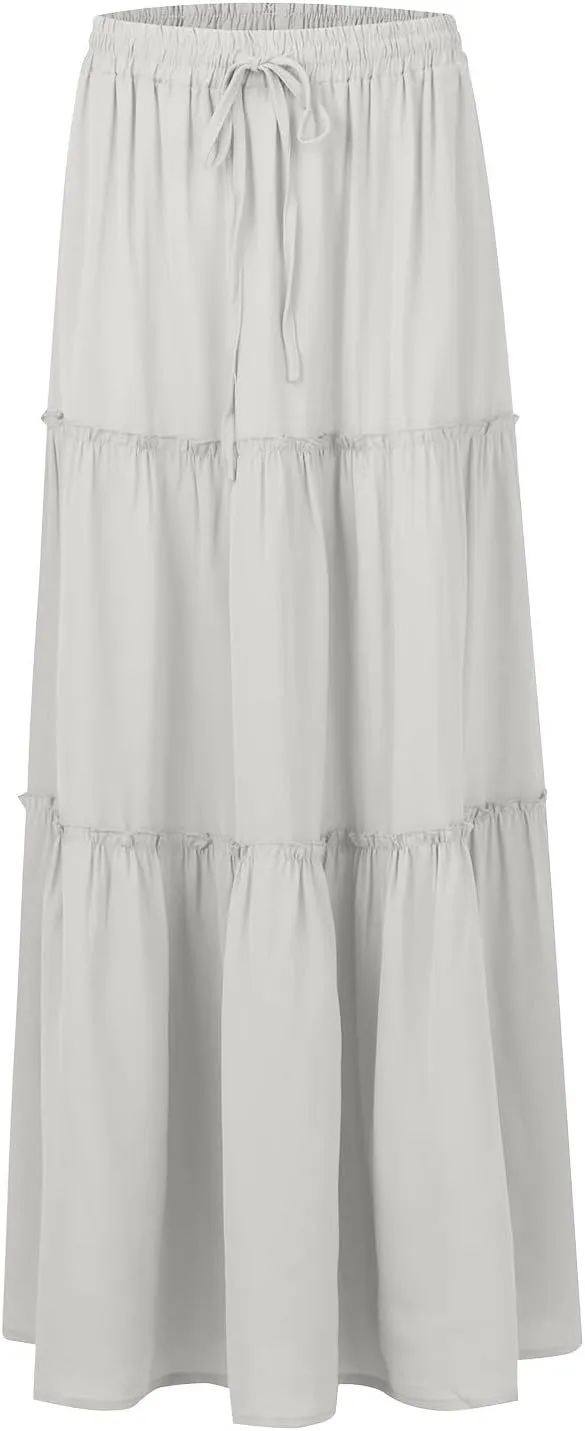 Women's Elastic High Waist Pleated Flared Classic Vacation A-Line Floor Length Skirts, S-2XL