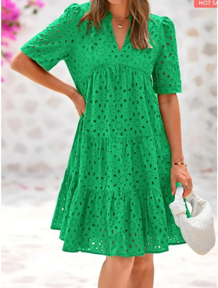 Women's Elegant Hollow Out Lace Ruffle Casual Mini Dress, V Neck A-Line Summer Ruffle Hem Floral Eyelet Short Sleeve
