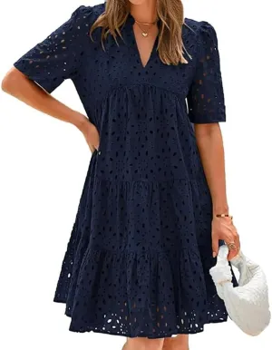 Women's Elegant Hollow Out Lace Ruffle Casual Mini Dress, V Neck A-Line Summer Ruffle Hem Floral Eyelet Short Sleeve