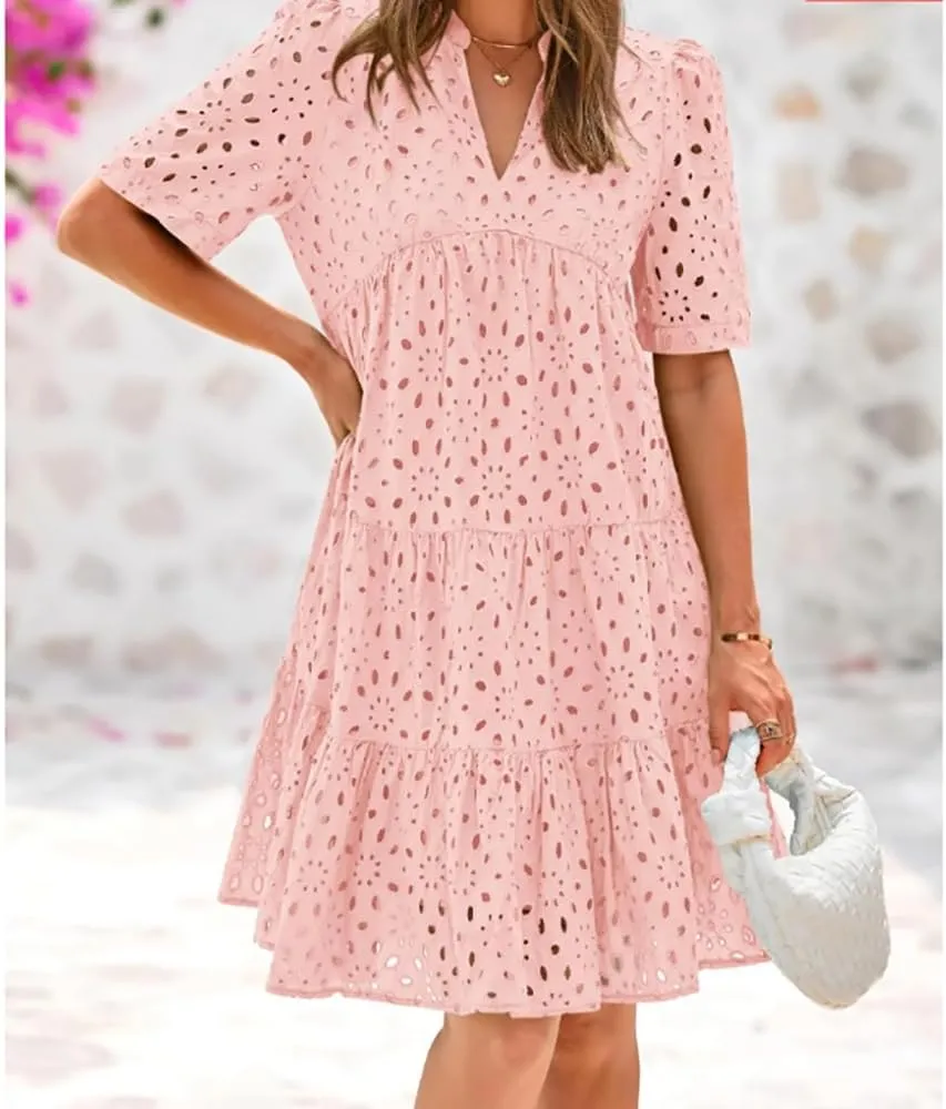 Women's Elegant Hollow Out Lace Ruffle Casual Mini Dress, V Neck A-Line Summer Ruffle Hem Floral Eyelet Short Sleeve