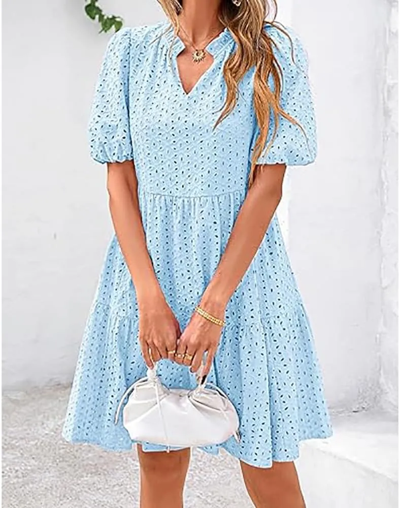 Women's Elegant Hollow Out Lace Ruffle Casual Mini Dress, V Neck A-Line Summer Ruffle Hem Floral Eyelet Short Sleeve