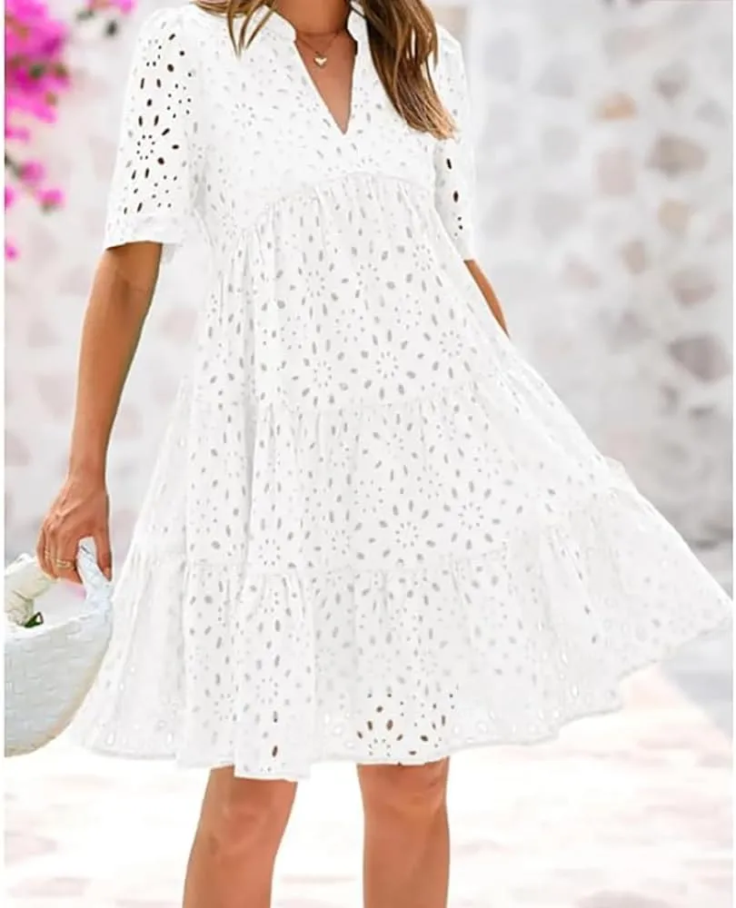 Women's Elegant Hollow Out Lace Ruffle Casual Mini Dress, V Neck A-Line Summer Ruffle Hem Floral Eyelet Short Sleeve