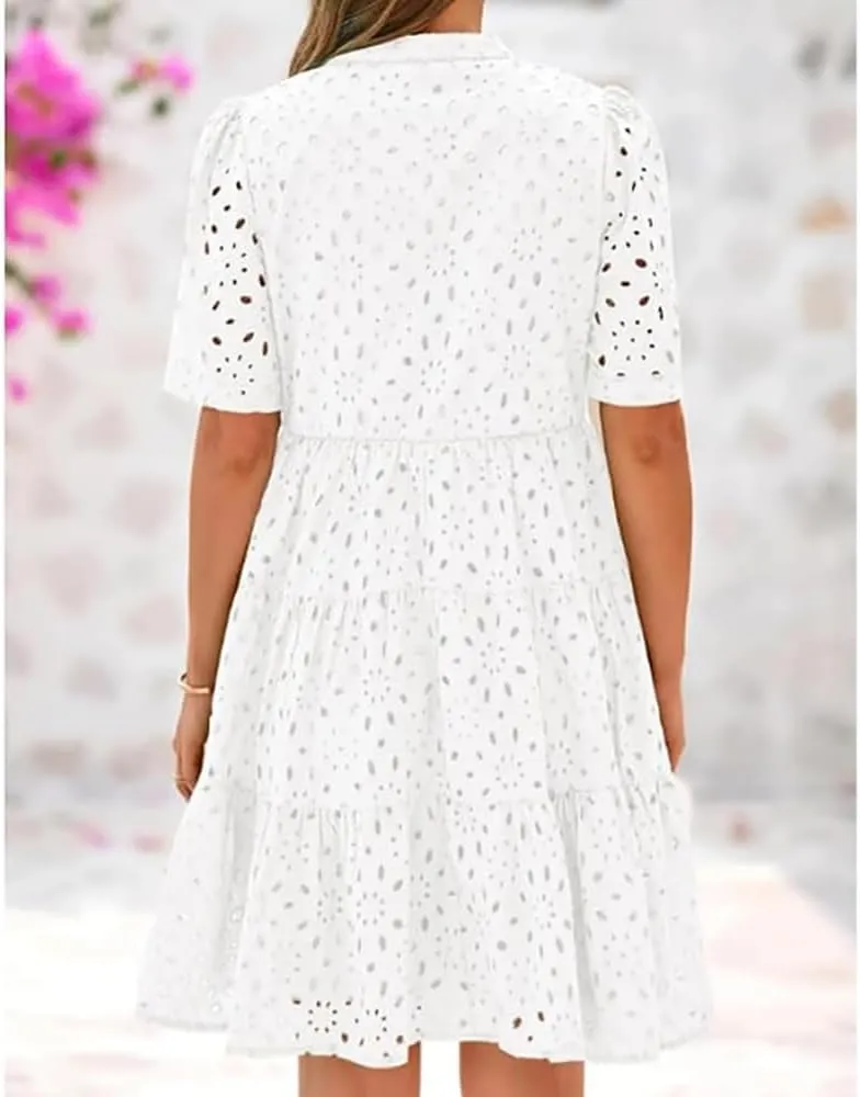 Women's Elegant Hollow Out Lace Ruffle Casual Mini Dress, V Neck A-Line Summer Ruffle Hem Floral Eyelet Short Sleeve