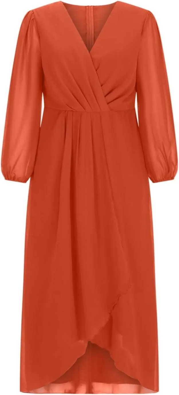 Women's Fall Winter Chiffon V Neck Long Sleeves Pleated Dress A-Line Wedding Guest Flowy High Low Evening Party Gown
