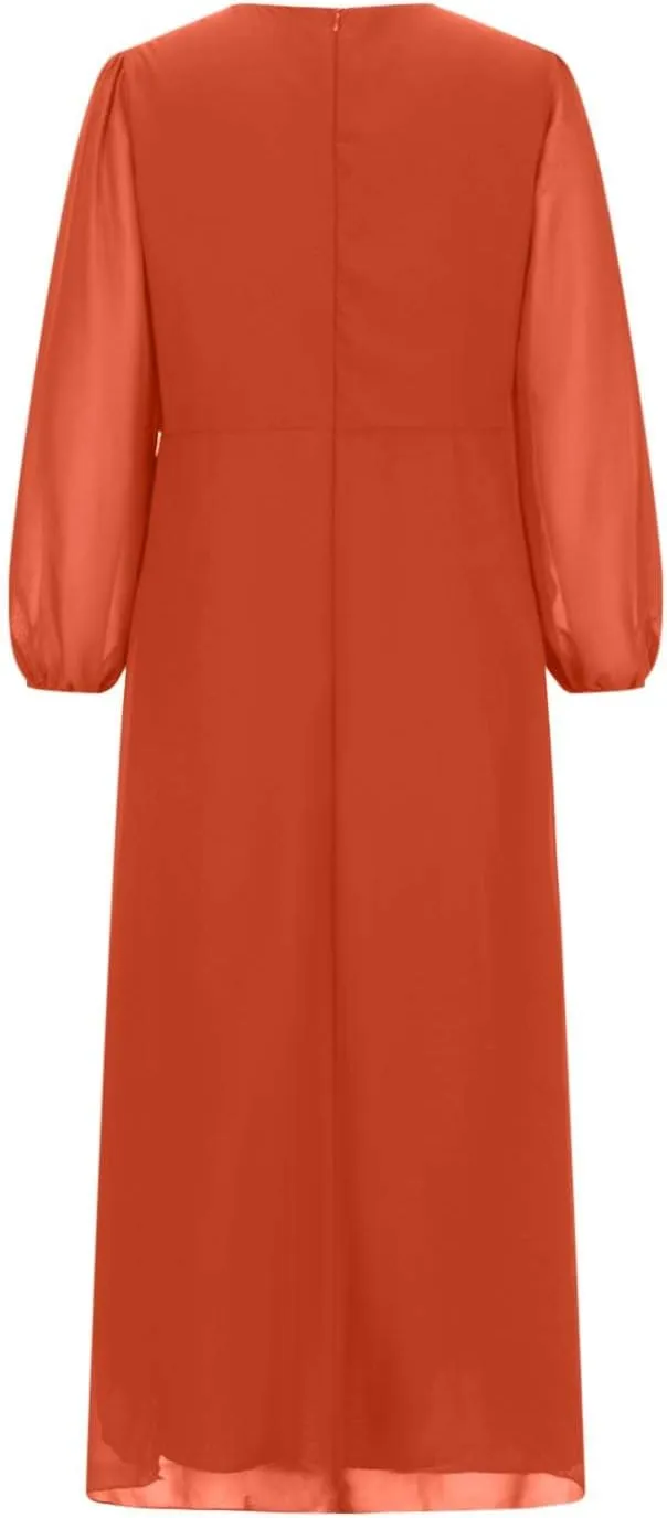 Women's Fall Winter Chiffon V Neck Long Sleeves Pleated Dress A-Line Wedding Guest Flowy High Low Evening Party Gown