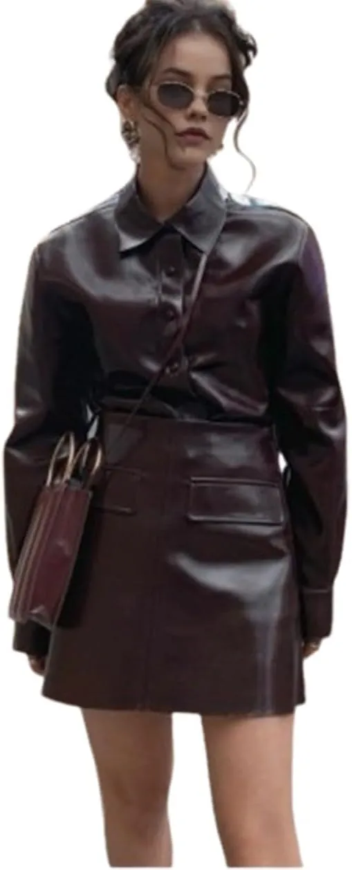 Women's Faux Leather Moto Set Burgundy Lapel Button Down Long Sleeve PU High Waist Pencil Skirt Suit Set
