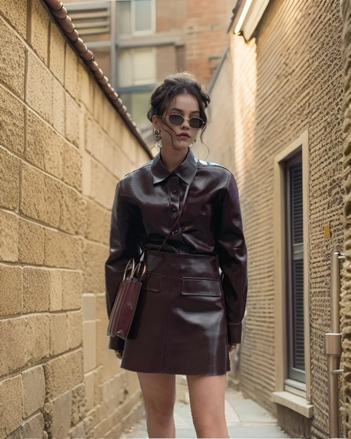 Women's Faux Leather Moto Set Burgundy Lapel Button Down Long Sleeve PU High Waist Pencil Skirt Suit Set