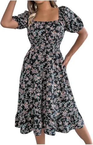 Women's Floral Print Dress Off Shoulder Short Sleeve Flowy A Line Tunic Dress Trendy Summer Beach Midi Sun Dresses