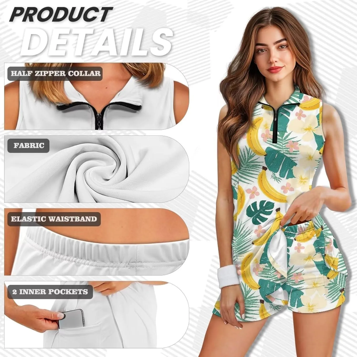 Women's Golf Tennis Dress Sleeveless Built in Shorts Golf Dress with Pockets Zipper Active Athletic Outfits