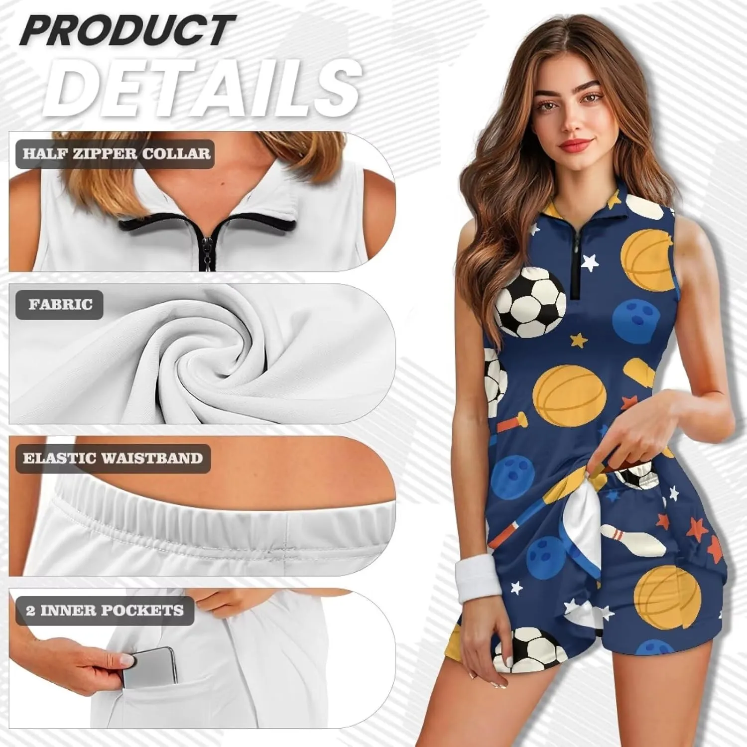 Women's Golf Tennis Dress Sleeveless Built in Shorts Golf Dress with Pockets Zipper Active Athletic Outfits