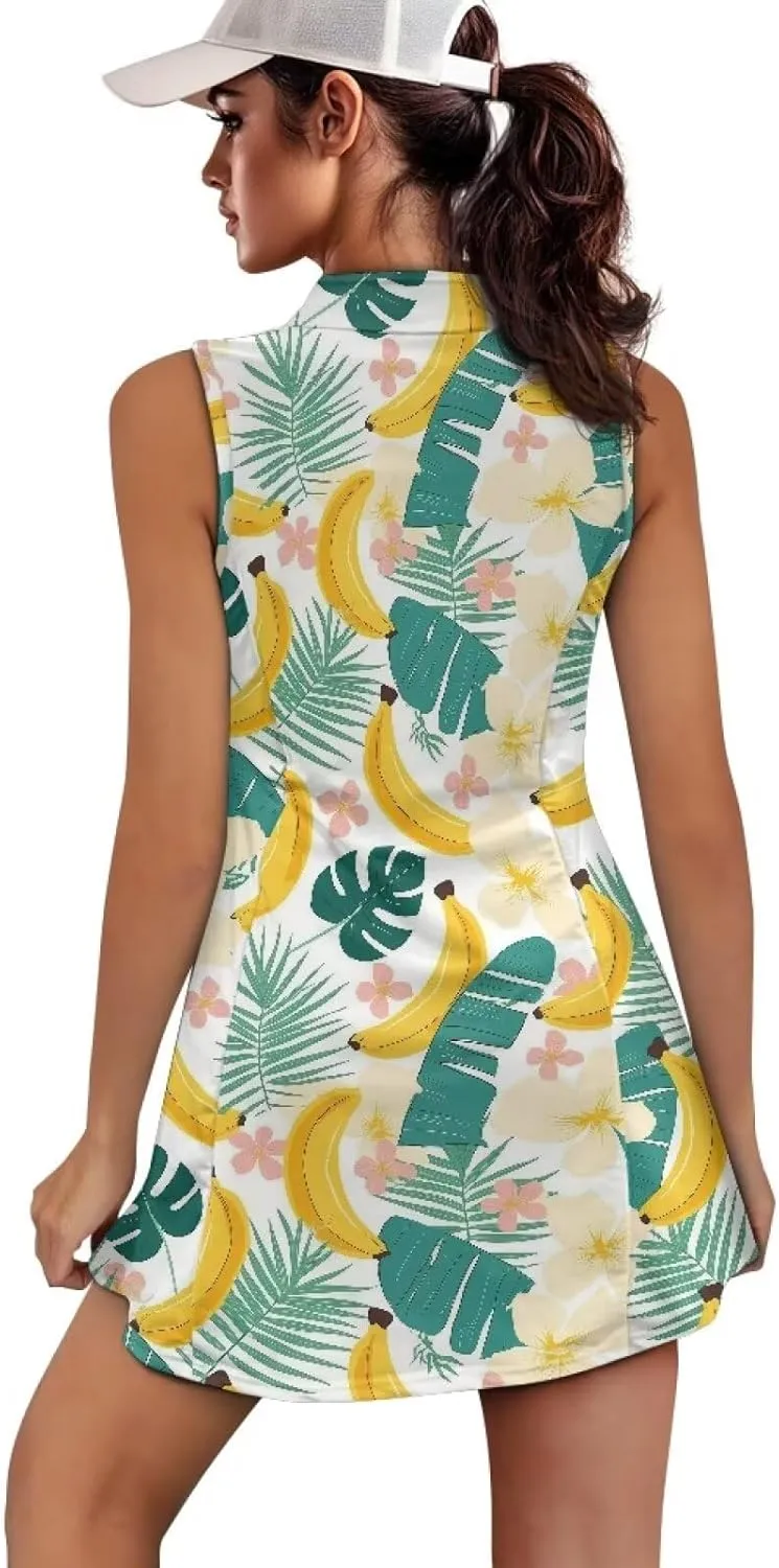 Women's Golf Tennis Dress Sleeveless Built in Shorts Golf Dress with Pockets Zipper Active Athletic Outfits